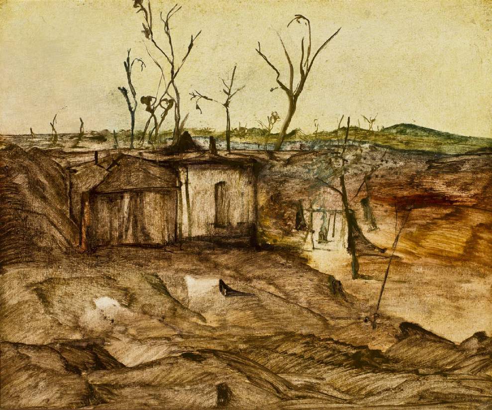 Sidney Nolan - Deserted miners' Camp, Queensland, c.1949, ripolin on hardboard. 62.5 x 75 cm
