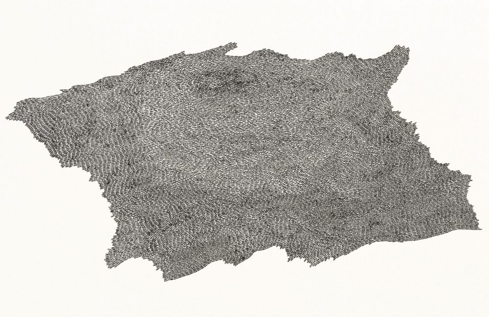 A drawing of an irregular shape entirely composed of the repitition of the handwritten word, zero