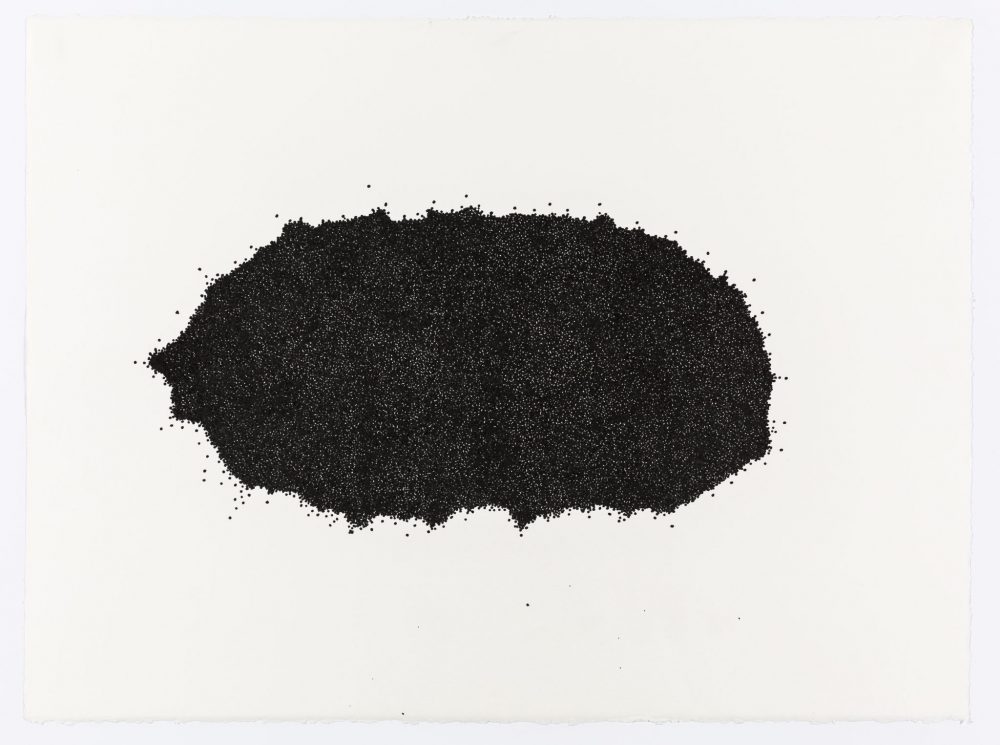 A black ink drawing of an irregular circle made up of numerous small spheres