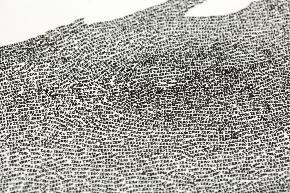 A close up of an image entirely composed of the repitition of the handwritten word, zero.